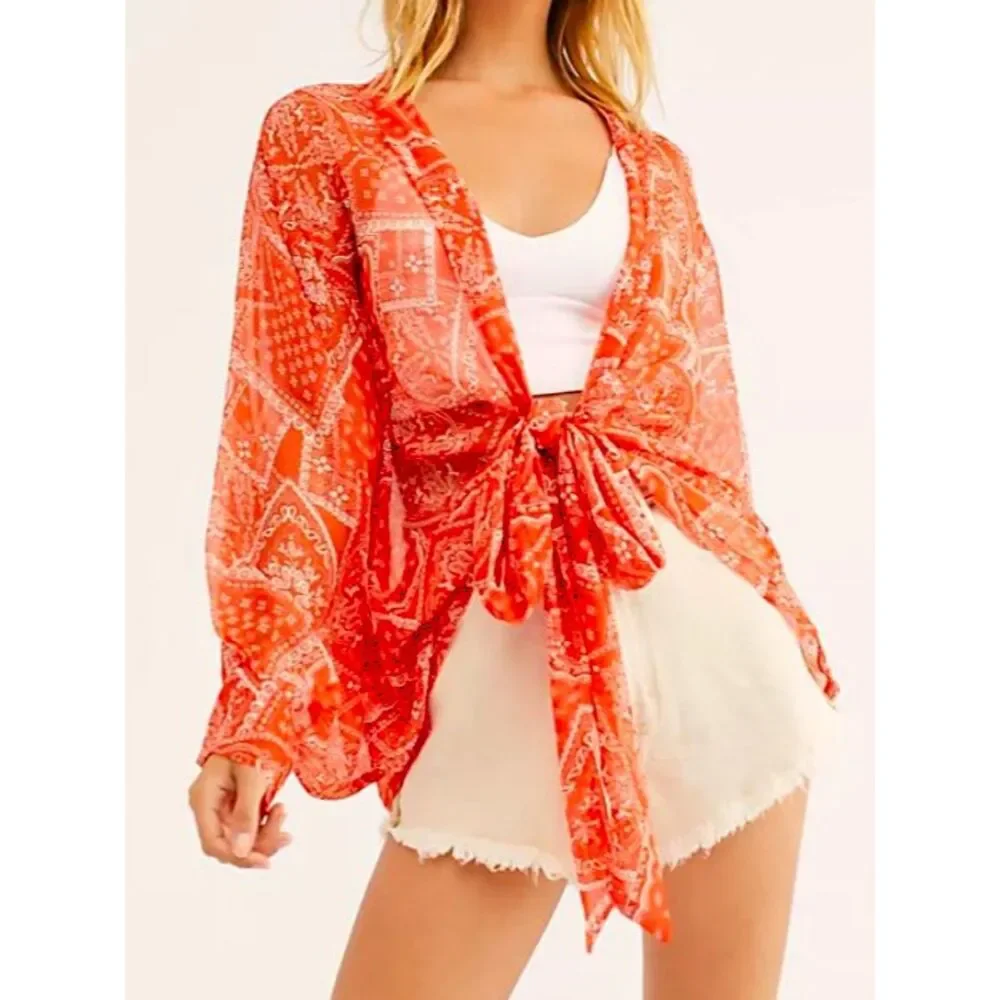 NEW Free People Golden Hour Tie Front Kimono Blue White Bandana Print Semi Sheer